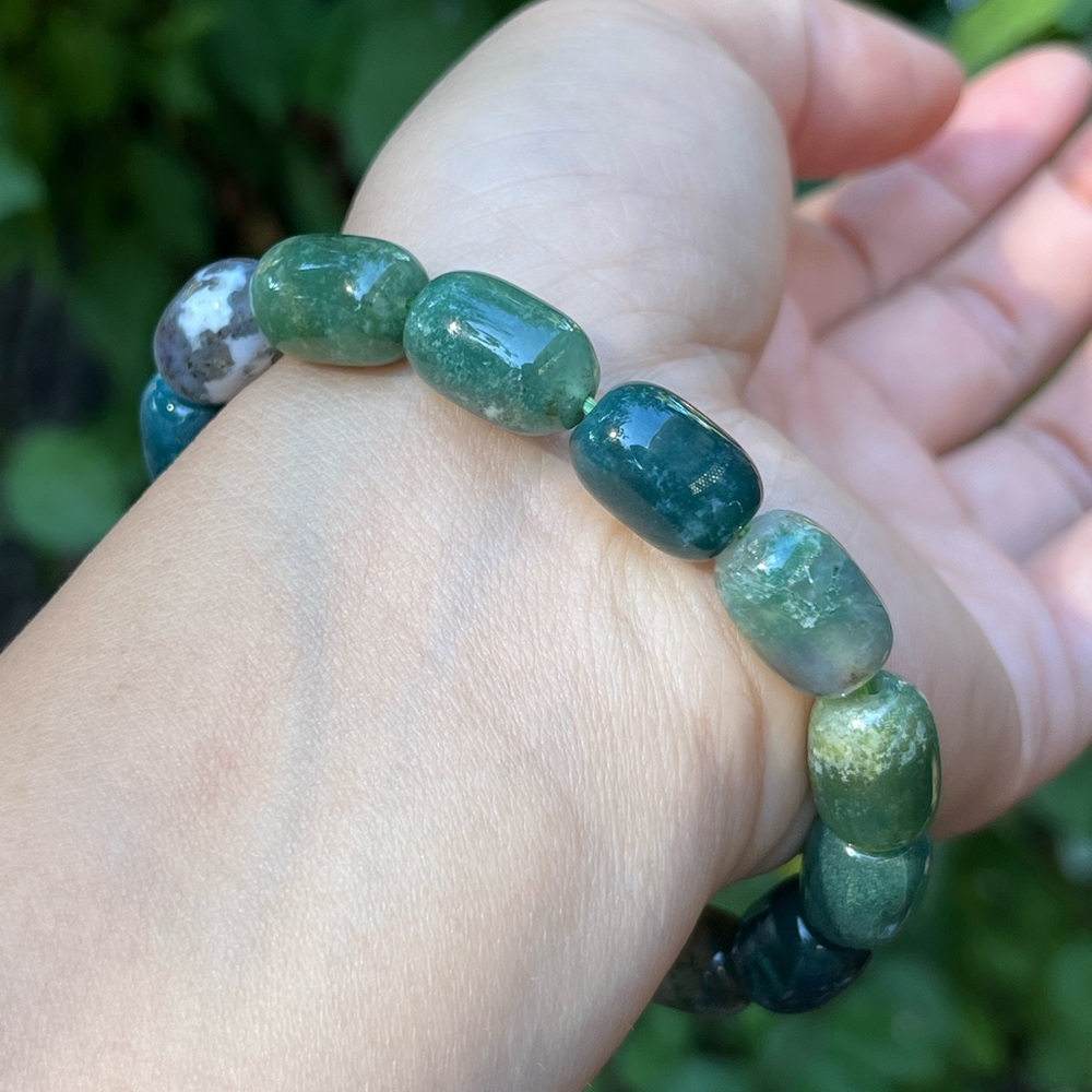 10mm stretchable barrel green moss agate bracelet‎